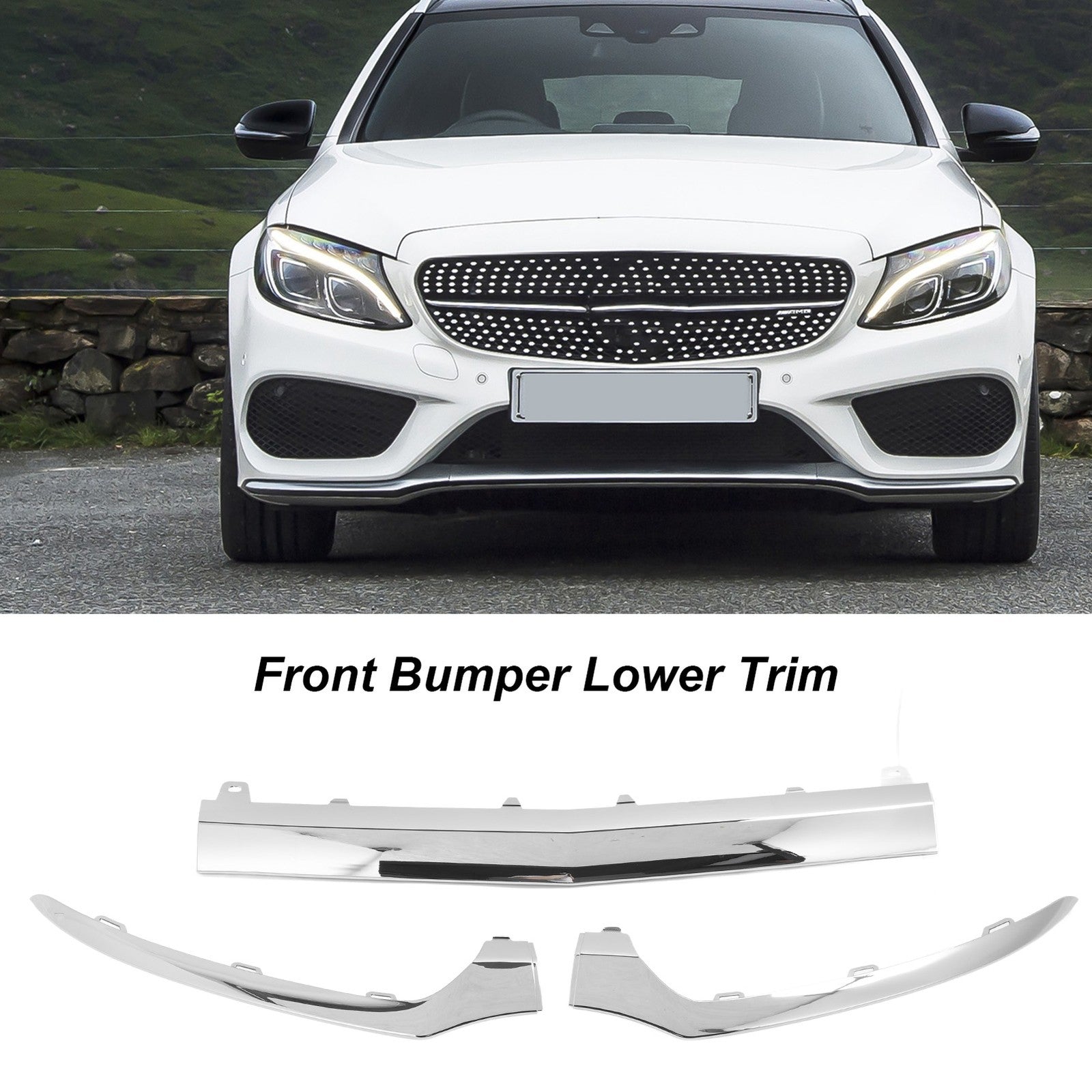 ˇ3Pcs Front Bumper Lower Chrome Trim 2058851374 For C‑Class W205 C205 A205